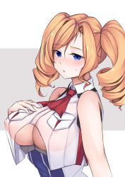 Rule 34 | 1girl, absurdres, ascot, blonde hair, blue dress, blue eyes, blush, breast pocket, breasts, crop top, dress, drill hair, embarrassed, hair between eyes, hand on own chest, highres, honolulu (kancolle), jiangyou dang, kantai collection, large breasts, long hair, looking at viewer, multicolored clothes, no bra, parted lips, pocket, red ascot, see-through, simple background, sleeveless, sleeveless dress, swept bangs, twin drills, twintails, upper body