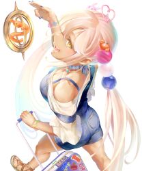 Rule 34 | 1girl, absurdres, alternate costume, bare shoulders, blonde hair, blue choker, blue overalls, blush, bracelet, breasts, choker, cleavage, commentary, dark-skinned female, dark skin, english commentary, from above, hair ornament, highres, hololive, hololive english, jewelry, kaniko (tsukumo sana), large breasts, long hair, looking at viewer, necklace, ookami mio, ookami mio (street), overall shorts, overalls, planet hair ornament, rolling suitcase, salute, sandals, shirt, sidelocks, sleeves past elbows, suitcase, tataki tuna, tsukumo sana, twintails, two-finger salute, usaslug (tsukumo sana), very long hair, virtual youtuber, white shirt, yatagarasu (tsukumo sana), yellow eyes
