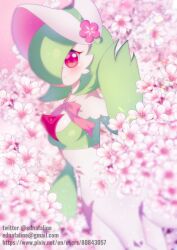 Rule 34 | 1girl, artist name, blurry, blush, bob cut, bonnet, breasts, capelet, closed mouth, clothed pokemon, colored skin, cowboy shot, creatures (company), depth of field, edna faline, email address, female focus, flower, from side, game freak, gardevoir, gardevoir (fashionable), gen 3 pokemon, green hair, green skin, hair over one eye, hand up, happy, hat, hat flower, looking at viewer, multicolored skin, nintendo, one eye covered, pink background, pink flower, pink ribbon, pixiv id, pokemon, pokemon (creature), pokemon unite, red eyes, ribbon, short hair, small breasts, smile, solo, standing, twitter username, two-tone skin, watermark, waving, web address, white capelet, white hat, white skin