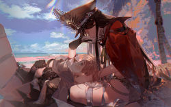 Rule 34 | 2girls, beach, bikini, black hair, blue sky, cape, closed eyes, commentary request, day, elbow gloves, fate/grand order, fate (series), gloves, hat, indian style, kawacy, long hair, looking at another, lying, lying on lap, military hat, multiple girls, ocean, oda nobunaga (fate), oda nobunaga (koha-ace), oda nobunaga (swimsuit berserker) (fate), oda nobunaga (swimsuit berserker) (second ascension) (fate), oda uri, okita j. souji (fate), okita j. souji (second ascension) (fate), okita souji (fate), okita souji (koha-ace), on back, outdoors, palm tree, peaked cap, platinum blonde hair, red cape, shade, short hair, sitting, sky, straight hair, swimsuit, thighs, tree, tree shade, very long hair, yellow eyes, yuri