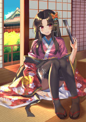 Rule 34 | 1girl, absurdres, bad id, bad pixiv id, black thighhighs, blush, breasts, butterfly hair ornament, commentary request, copyright request, day, floral print, google (asdek18), hair ornament, highres, hime cut, indoors, japanese clothes, kimono, large breasts, long hair, looking at viewer, on ground, parted bangs, parted lips, pink kimono, red eyes, red kimono, sitting, solo, teeth, thighhighs, tree