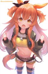 Rule 34 | 1girl, animal ears, black ribbon, bow, clenched hands, dog tags, ear ribbon, green jacket, highres, horse ears, horse girl, horse tail, jacket, long hair, looking at viewer, mayano top gun (umamusume), midriff, navel, open mouth, orange eyes, orange hair, ribbon, shorts, simple background, solo, striped clothes, striped thighhighs, suzuho hotaru, tail, tears, thighhighs, twitter username, umamusume, white background, white shorts