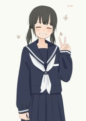 Rule 34 | 1girl, black hair, closed eyes, female focus, grin, highres, low twintails, maton (post it rock), original, pleated skirt, school uniform, simple background, skirt, smile, solo, twintails, v, white background
