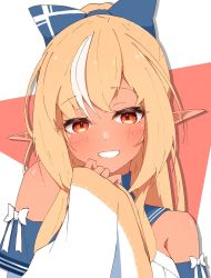 Rule 34 | 1girl, blonde hair, blue bow, blush, bow, breasts, dark-skinned female, dark skin, detached sleeves, dress, elf, hair bow, hand on own face, highres, hololive, large breasts, long hair, long sleeves, looking at viewer, multicolored hair, orange eyes, pointy ears, ponytail, sen (sen42724788), shiranui flare, shiranui flare (1st costume), sleeves past wrists, smile, solo, streaked hair, teeth, virtual youtuber, white bow, white dress, white hair