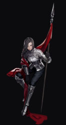 Rule 34 | 1girl, armor, armored boots, black background, black gloves, black hair, black pants, blood, blood on face, boots, breastplate, commentary, dirty, dirty face, english commentary, flag, flagpole, full body, gloves, hand up, highres, holding, holding polearm, holding weapon, injury, invisible chair, long hair, looking at viewer, original, pants, plate armor, polearm, scar, scar on face, simple background, sitting, solo, spear, sssttt, vambraces, weapon
