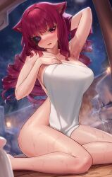 Rule 34 | 1girl, after bathing, animal ears, armpits, blunt bangs, breasts, drill hair, eyepatch, highres, large breasts, long hair, looking at viewer, naked towel, night, night sky, onsen, outdoors, padoruu, red eyes, red hair, sitting, sky, solo, stella hoshii, thighs, towel, va-11 hall-a, wet