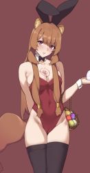 Rule 34 | 1girl, absurdres, animal ears, bare shoulders, black thighhighs, blush, breasts, brown hair, cameltoe, covered navel, detached sleeves, easter, egg, female focus, highres, leotard, long hair, looking at viewer, medium breasts, paid reward available, playboy bunny, purple eyes, raccoon ears, raccoon girl, raccoon tail, raphtalia, simple background, solo, sweat, tail, tate no yuusha no nariagari, thighhighs, todding, wrist cuffs