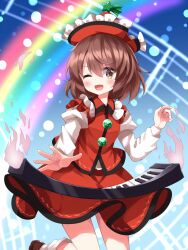 Rule 34 | 1girl, :d, ;d, blue background, brown eyes, brown hair, commentary request, frilled hat, frills, gradient background, hat, hat ornament, highres, instrument, juliet sleeves, keyboard (instrument), long sleeves, looking at viewer, lyrica prismriver, one eye closed, open mouth, puffy sleeves, rainbow, red hat, red shirt, red skirt, ruu (tksymkw), shirt, short hair, skirt, smile, solo, star (symbol), star hat ornament, touhou