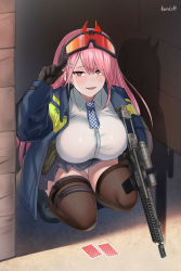 Rule 34 | 1girl, assault rifle, beruko14, black gloves, black thighhighs, blue jacket, blue skirt, breasts, carbine, card, eyewear on head, fang, girls&#039; frontline, gloves, gun, hair ornament, hairclip, highres, holding, holding gun, holding weapon, jacket, large breasts, long sleeves, miniskirt, panties, pink eyes, pink hair, playing card, pleated skirt, resolution mismatch, rifle, shirt, sig mcx (girls&#039; frontline), sig mcx, skirt, solo, source larger, squatting, thighhighs, underwear, weapon, white panties, white shirt