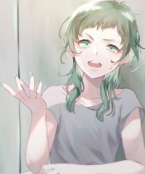 Rule 34 | 1other, androgynous, gnosia, green eyes, green hair, grey hair, looking at viewer, nail polish, nekotemari, official alternate costume, open mouth, other focus, raqio, shirt, short hair, solo, t-shirt, upper body