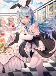 Rule 34 | 1girl, absurdres, alternate hair length, alternate hairstyle, animal ears, bare shoulders, blue eyes, blue hair, blush, breasts, cake, cleavage, commentary request, detached sleeves, dress, fake animal ears, flower, food, frills, fruit, glass, hair ornament, hair over one eye, hair ribbon, highres, ice, indoors, large breasts, long hair, looking at viewer, maid, maid headdress, open mouth, pink ribbon, pruding, re:zero kara hajimeru isekai seikatsu, rem (re:zero), ribbon, smile, solo, strawberry, very long hair, white flower, white legwear, window, x hair ornament