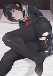 Rule 34 | 1girl, aftersex, ass, be9459, be (bbbbbbbbbe434), bed, black hair, black pantyhose, black serafuku, black skirt, blunt bangs, blush, bob cut, commentary request, crying, cum, cum in pussy, cumdrip, feet, highres, idolmaster, idolmaster cinderella girls, idolmaster cinderella girls starlight stage, long sleeves, looking at viewer, lying, on side, pantyhose, parted lips, purple eyes, school uniform, serafuku, shirayuki chiyo, short hair, skirt, solo, streaming tears, tears, thighband pantyhose, toes, torn clothes, torn pantyhose