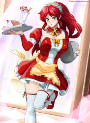 Rule 34 | 1girl, absurdres, breasts, cleavage, commentary, detached collar, green eyes, highres, holding, large breasts, long hair, long sleeves, looking at viewer, maid, maid headdress, ponytail, pyrrha nikos, red hair, rwby, shrug (clothing), skirt, solo, standing, standing on one leg, thighhighs, tray, vilde loh hocen, zettai ryouiki