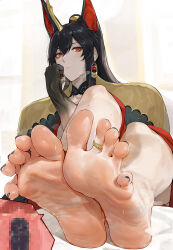 Rule 34 | 1girl, animal ears, arknights, barefoot, black hair, dorsiflexion, feet, feet on table, foot focus, foreshortening, head rest, highres, jewelry, laserflip, looking at viewer, nail polish, red eyes, soles, solo, spread toes, steaming body, sweat, sweatdrop, toe ring, toe scrunch, toes, x-ray, ya (arknights)