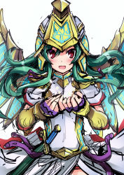 Rule 34 | 1girl, armor, athena (p&amp;d), blush, breastplate, dress, fingerless gloves, gauntlets, gloves, green hair, helmet, highres, long hair, looking at viewer, open mouth, own hands together, purple gloves, puzzle &amp; dragons, red eyes, samoore, short sleeves, sketch, smile, solo, sparkle, sword, weapon, wings