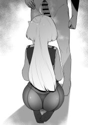 Rule 34 | 1boy, 1girl, ahoge, ass, asticassia school uniform, clothed female nude male, erection, greyscale, gundam, gundam suisei no majo, hetero, highres, kneeling, liyoosa, long hair, long sleeves, looking at penis, miorine rembran, monochrome, no shoes, nude, pantyhose, penis awe, school uniform, see-through, smelling, smelling penis, soles, solo focus, thong