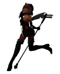Rule 34 | 1girl, artist request, back, black eyes, boots, brown hair, dark skin, dark-skinned female, elbow gloves, evy (mabinogi), female focus, gloves, horns, lipstick, looking back, mabinogi, mabinogi heroes, makeup, mole, mole above mouth, scythe, short hair, side slit, single horn, skirt, solo, thigh boots, thighhighs, weapon