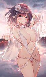 Rule 34 | 1girl, arm up, bare shoulders, bikini, black hair, breasts, choker, cleavage, closed mouth, cowboy shot, elf, flower, groin, hair flower, hair ornament, highres, large breasts, long hair, looking at viewer, navel, off shoulder, open clothes, original, outdoors, pointy ears, red eyes, see-through, skindentation, smile, solo, sora 72-iro, stomach, string bikini, sunset, swimsuit, thighs, tongue, tongue out, white bikini, white choker