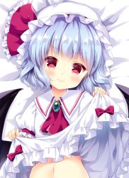 Rule 34 | 1girl, bat wings, bed sheet, blue hair, blush, brooch, clothes lift, commentary request, dakimakura (medium), dress, dress lift, frown, hat, irori, jewelry, looking at viewer, lying, medium hair, mob cap, navel, on back, out-of-frame censoring, puffy short sleeves, puffy sleeves, red eyes, remilia scarlet, scot, short sleeves, solo, touhou, upper body, white dress, wings