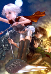 Rule 34 | armpits, bare shoulders, black hair, blood, brown hair, cape, city, fire, flying, injury, long hair, moon, motor vehicle, rescue, s zenith lee, scooter, short hair, smoke, surreal, thighhighs, town, vehicle, white hair