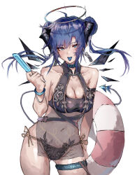 Rule 34 | 1girl, absurdres, ahoge, alternate costume, arknights, bare shoulders, bikini, black bikini, blue eyes, blue hair, blue tongue, bracelet, breasts, cleavage, collar, collarbone, colored tongue, cowboy shot, demon girl, demon horns, demon tail, detached wings, double bun, earrings, energy wings, food, hair bun, halo, highres, holding, holding food, horns, infection monitor (arknights), jewelry, large breasts, lifebuoy, looking at viewer, mostima (arknights), navel, open mouth, popsicle, see-through, simple background, solo, swim ring, swimsuit, tail, thighlet, tongue, tongue out, white background, wings, yuukiey