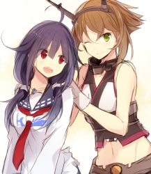 Rule 34 | 10s, 2girls, ahoge, brown hair, gloves, green eyes, hairband, hiiragi souren, kantai collection, looking at viewer, md5 mismatch, midriff, multiple girls, mutsu (kancolle), navel, one eye closed, open mouth, purple hair, red eyes, smile, taigei (kancolle)