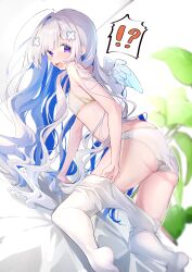 Rule 34 | !?, 1girl, absurdres, all fours, amane kanata, amane kanata (nurse), angel, angel wings, blue hair, blush, bra, clothes pull, colored inner hair, eme (emeralda), flat chest, grey hair, highres, hololive, long hair, looking at viewer, looking back, multicolored hair, open mouth, panties, pantyhose, pantyhose pull, purple eyes, solo, underwear, very long hair, virtual youtuber, white bra, white panties, white pantyhose, wings