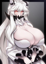 Rule 34 | 1girl, abyssal ship, blush, breasts, cleavage, collarbone, colored skin, commentary request, dress, glowing, highres, horns, huge breasts, kantai collection, konoshige (ryuun), long hair, long sleeves, looking at viewer, midway princess, orange eyes, pale skin, red eyes, simple background, skindentation, solo, upper body, very long hair, white dress, white hair, white skin