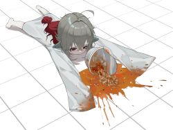 Rule 34 | 1girl, absurdres, ahoge, barefoot, blush, crossed bangs, fins, food, full-face blush, gradient hair, grey eyes, grey hair, hair between eyes, head fins, highres, instant ramen, k hottok, looking at object, lying, monster girl, multicolored hair, noodles, on stomach, original, oversized clothes, oversized shirt, ramen, red hair, shirt, sleeves past fingers, sleeves past wrists, solo, spill, stained clothes, tile floor, tiles, white shirt