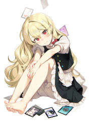 Rule 34 | 1girl, barefoot, blonde hair, bloomers, buttons, card, feet, flask, hair between eyes, highres, jill 07km, kirisame marisa, knees up, letter, light smile, long hair, looking at viewer, multicolored buttons, puffy sleeves, red eyes, round-bottom flask, short sleeves, simple background, sitting, solo, toes, touhou, underwear, very long hair, white background, yin yang, yin yang print