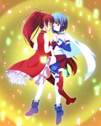 Rule 34 | 10s, 2girls, bad id, bad pixiv id, bare shoulders, blue eyes, blue hair, book, cape, detached sleeves, face-to-face, gloves, glowing, holding hands, long hair, madoka runes, magical girl, mahou shoujo madoka magica, mahou shoujo madoka magica (anime), miki sayaka, multiple girls, ponytail, red eyes, red hair, sakura kyoko, short hair, thighhighs, white gloves, yone, zettai ryouiki