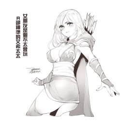 Rule 34 | 1girl, animification, arrow (projectile), ashe (league of legends), ass, breasts, bridal gauntlets, closed mouth, dated, dress, ejami, greyscale, hood, large breasts, league of legends, long hair, looking at viewer, monochrome, signature, simple background, solo, thighhighs, white background