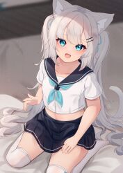 Rule 34 | 1girl, :d, absurdres, animal ear fluff, animal ears, bed sheet, black sailor collar, black skirt, blue eyes, blue neckerchief, blue ribbon, blurry, blurry background, blush, cat ears, cat girl, cat tail, collarbone, commentary request, depth of field, fang, grey hair, hair ornament, hair ribbon, hairclip, highres, hinata (user rjkt4745), long hair, looking at viewer, midriff, navel, neckerchief, no shoes, open mouth, original, pleated skirt, ribbon, sailor collar, school uniform, serafuku, shirt, short sleeves, sitting, skirt, smile, solo, tail, thighhighs, twintails, very long hair, wariza, white shirt, white thighhighs