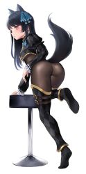 Rule 34 | 1girl, animal ear fluff, animal ears, ass, bar stool, belt, belt buckle, black belt, black footwear, black hair, black jacket, black thighhighs, bodystocking, breasts, buckle, cape, cat ears, cat girl, chest belt, cropped jacket, gradient eyes, hair ribbon, highres, jacket, long hair, long sleeves, looking at viewer, looking back, multicolored eyes, open mouth, original, purple eyes, ribbon, simple background, small breasts, solo, standing, standing on one leg, stool, svartlilja (vrchat), tail, thighhighs, vrchat, wa (genryusui), white background