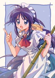 Rule 34 | 1girl, ahoge, andou mahoro, apron, bamboo broom, blue background, blue dress, blue hair, border, breasts, broom, cowboy shot, dress, frilled apron, frills, gem, green eyes, hair ribbon, highres, holding, holding broom, leaning forward, light blush, long dress, looking to the side, mahoromatic, maid, maid apron, maid headdress, medium breasts, neck ribbon, open mouth, pointing, puffy short sleeves, puffy sleeves, red ribbon, ribbon, scolding, short sleeves, sidelocks, solo, suzuki (2red moon3), white apron, yellow ribbon