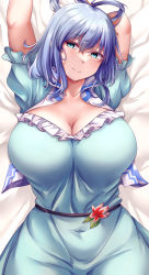 Rule 34 | 1girl, bed sheet, blue dress, blue eyes, breasts, cleavage, closed mouth, dress, flower, hair ornament, hair rings, hair stick, highres, huge breasts, kaku seiga, looking at viewer, lying, mirufui, on back, on bed, pink flower, short sleeves, smile, solo, touhou, vest, white vest