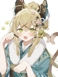 Rule 34 | 1girl, ahoge, animal ears, bell, blush, brown hair, cat tail, clenched hands, crossed bangs, double-parted bangs, fake animal ears, fang, flower, fur-trimmed kimono, fur trim, genshin impact, green eyes, hair bell, hair between eyes, hair flower, hair ornament, hands up, heart, heart tail, highres, japanese clothes, jingle bell, kimono, kirara (genshin impact), kirara (post office) (genshin impact), long hair, messy hair, multiple tails, nekomata, official alternate costume, paw pose, paw print, slit pupils, solo, sorani (kaeru0768), tail, two tails, upper body, white background