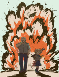 Rule 34 | 1boy, 1girl, absurdres, avogado6, backpack, bag, belt, black belt, black footwear, black legwear, blue footwear, blue pants, blue shirt, blue skirt, bow, breast pocket, child, cigarette, clenched teeth, collared shirt, commentary, dress shirt, english commentary, explosion, grey hair, hair bow, hair ornament, hairclip, hand in pocket, hand up, highres, holding, holding cigarette, holding weapon, kawaii girl (avogado6), light brown hair, mixed-language commentary, old, old man, original, over shoulder, pants, parted lips, pink bag, pink bow, pocket, police, police uniform, policeman, policewoman, rocket launcher, romaji commentary, rpg (weapon), shadow, shirt, shirt tucked in, shoes, short hair, short sleeves, skirt, smoke, smoking, socks, stuffed animal, stuffed rabbit, stuffed toy, sunglasses, teeth, uniform, walking, weapon, weapon over shoulder, | |