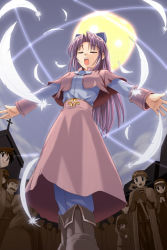 Rule 34 | 1girl, :d, acolyte (ragnarok online), boots, closed eyes, facial hair, feathers, hair ribbon, hairband, long hair, moon, mustache, open mouth, purple hair, ragnarok online, ribbon, ryoumoto ken, short hair, sky, smile, solo