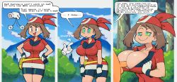 Rule 34 | 1boy, 1girl, 3koma, @ @, bandana, blue eyes, blue shorts, blue sky, breasts, brown hair, closed mouth, comic, cowboy shot, creatures (company), day, drooling, forest, game freak, gloves, hetero, highres, hypnosis, large breasts, may (pokemon), medium breasts, mind control, mountain, narrow waist, nature, nintendo, open clothes, open mouth, outdoors, paizuri, penis, pokemon, pokemon (anime), pokemon rse, red shirt, shirt, short sleeves, shorts, sky, smile, speech bubble, standing, stealth brock, text focus, uncensored