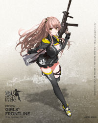 Rule 34 | 1girl, alternate costume, breasts, brown hair, character name, cleavage, commentary, commentary request, fingerless gloves, full body, girls&#039; frontline, gloves, gun, weapon case, h&amp;k ump, heckler &amp; koch, highres, large breasts, long hair, looking at viewer, parted lips, qieye, side ponytail, solo, submachine gun, suppressor, thigh strap, thighhighs, turtleneck, ump45 (girls&#039; frontline), weapon, yellow eyes