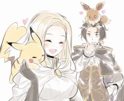 Rule 34 | 1girl, aubz, blonde hair, blush, cleric, closed eyes, creatures (company), crossover, cyrus (octopath traveler), dress, eevee, elbow gloves, game freak, gen 1 pokemon, gloves, jewelry, long hair, necklace, nintendo, octopath traveler, octopath traveler i, on head, ophilia (octopath traveler), pikachu, pokemon, pokemon (creature), pokemon lgpe, pokemon on head, priestess, short hair, simple background, smile, tail, white background