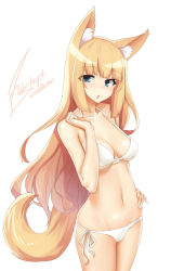 Rule 34 | 1girl, animal ear fluff, animal ears, artist name, bikini, blonde hair, blue eyes, breasts, collarbone, commentary, dated, eyes visible through hair, fox ears, fox tail, hand on own hip, legs together, long hair, medium breasts, navel, open mouth, original, side-tie bikini bottom, simple background, solo, standing, stomach, swimsuit, tail, tilt-shift (azalanz), very long hair, white background, white bikini