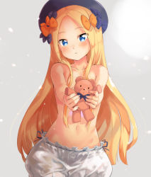 Rule 34 | 1girl, abigail williams (fate), black bow, black hat, blonde hair, bloomers, blue eyes, blush, bow, closed mouth, collarbone, commentary request, fate/grand order, fate (series), garun wattanawessako, grey background, hair bow, hat, head tilt, holding, holding stuffed toy, long hair, looking at viewer, orange bow, outstretched arms, parted bangs, solo, stuffed animal, stuffed toy, teddy bear, topless, underwear, underwear only, very long hair, white bloomers