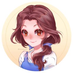 Rule 34 | 1girl, beauty and the beast, belle (disney), blue bow, blush, bow, brown eyes, brown hair, closed mouth, hair bow, hair intakes, hair over shoulder, long hair, looking at viewer, low ponytail, shirt, smile, solo, tabby chan, twitter username, upper body, white shirt