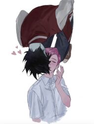 Rule 34 | 2boys, adventure time, adventure time:fionna and cake, black hair, black pants, blush, chokeke 005, closed eyes, colored skin, heart, highres, jacket, male focus, marshall lee, multicolored clothes, multicolored jacket, multiple boys, pale skin, pants, pink hair, pink skin, prince bubba gumball, red jacket, shirt, short hair, smile, two-tone jacket, vampire, white jacket, white shirt, yaoi