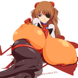 Rule 34 | 1girl, blue eyes, bodysuit, breasts, brown hair, covered erect nipples, eyepatch, feet out of frame, female focus, gigantic breasts, hairpods, highres, impossible bodysuit, impossible clothes, knees, legs, long hair, looking at viewer, lying, mnjs, neon genesis evangelion, nipples, no bra, on side, orange hair, plugsuit, puffy areolae, rebuild of evangelion, see-through, simple background, skin tight, solo, souryuu asuka langley, test plugsuit