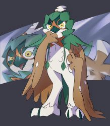 Rule 34 | closed mouth, commentary, creatures (company), decidueye, full body, game freak, gen 7 pokemon, hand on own chin, hand up, highres, looking at viewer, nintendo, no humans, pkpokopoko3, pokemon, pokemon (creature), red pupils, standing, stroking own chin, talons, yellow eyes