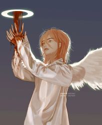 Rule 34 | 1boy, absurdres, angel, angel devil (chainsaw man), angel wings, artist name, blood, blood on clothes, blood on hands, chainsaw man, crying, grey background, halo, highres, looking to the side, red hair, robe, simple background, snowberryaki, solo, white robe, white wings, wings
