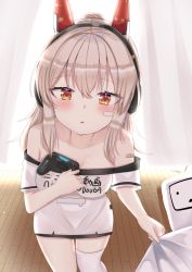 Rule 34 | 1girl, ayanami (azur lane), ayanami (niconico) (azur lane), azur lane, bandaid, bandaid on cheek, bandaid on face, bare shoulders, blush, breasts, collarbone, controller, game controller, hair between eyes, headgear, headphones, indoors, long hair, looking at viewer, nibosi, off-shoulder shirt, off shoulder, pillow, ponytail, red eyes, shirt, short sleeves, small breasts, solo, sunlight, thighhighs, thighs, white shirt, white thighhighs